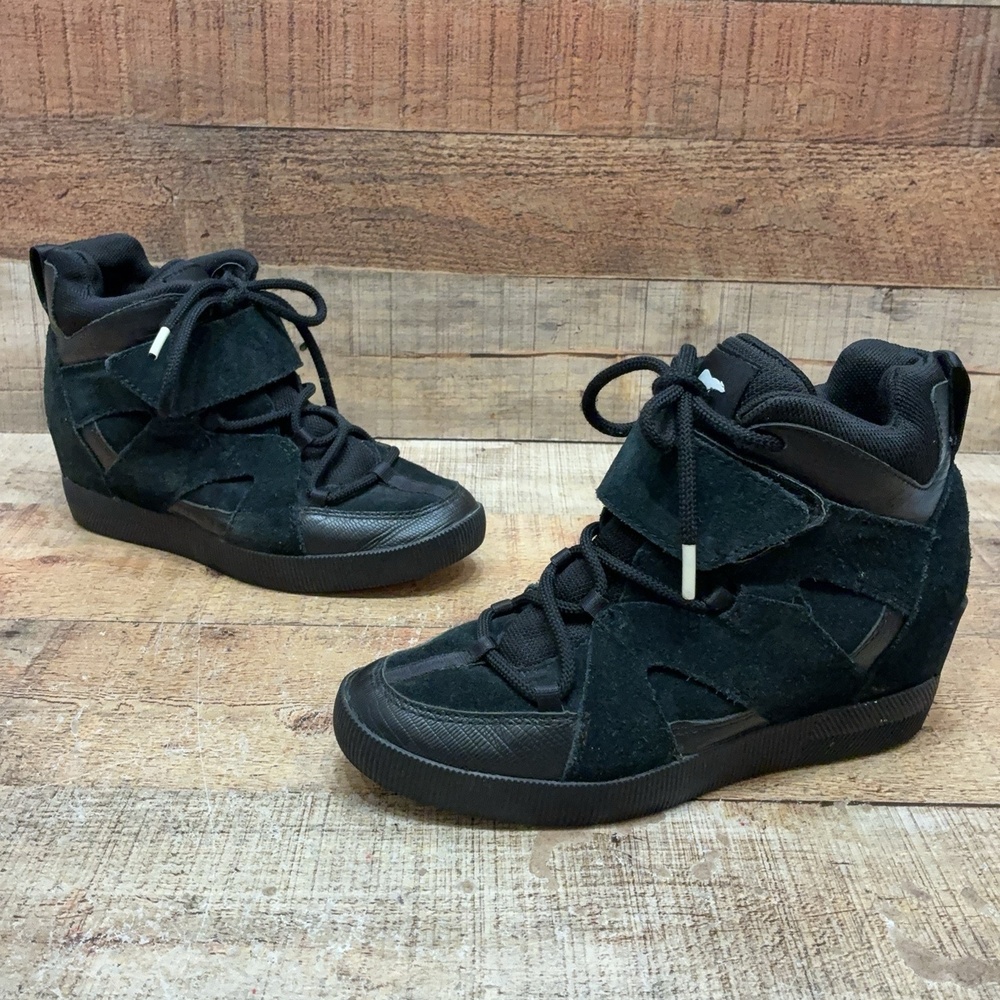 Sorel Boots Womens Size 7.5 38.5 Black Suede Wedge Ankle Lace Up NL4928-010